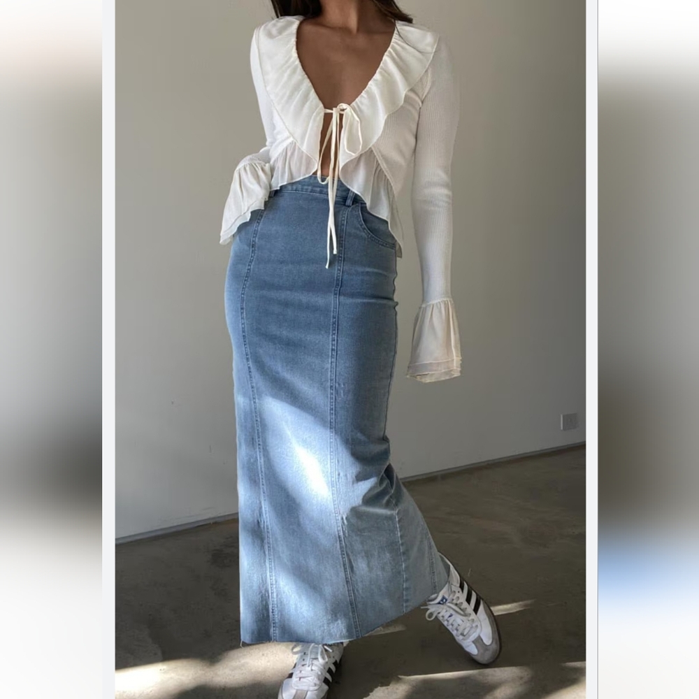 Zara Blue Denim Straight Midi Skirt - Picture 2 of 13